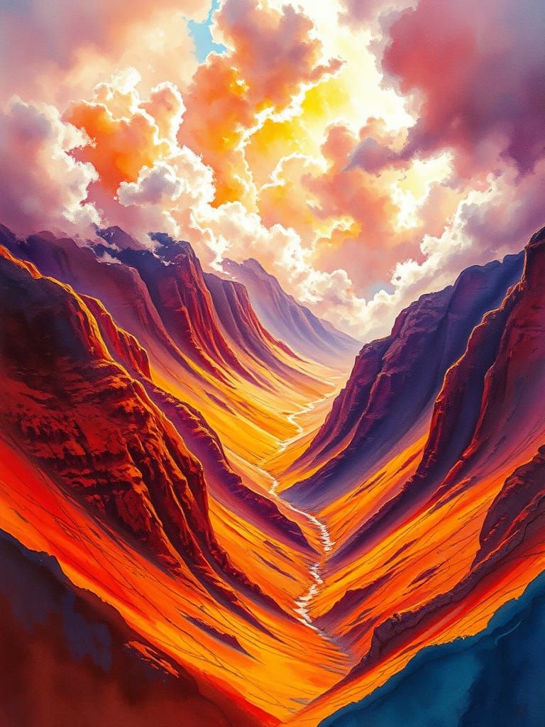Majestic Landscape in Fiery Hues and Watercolor Style