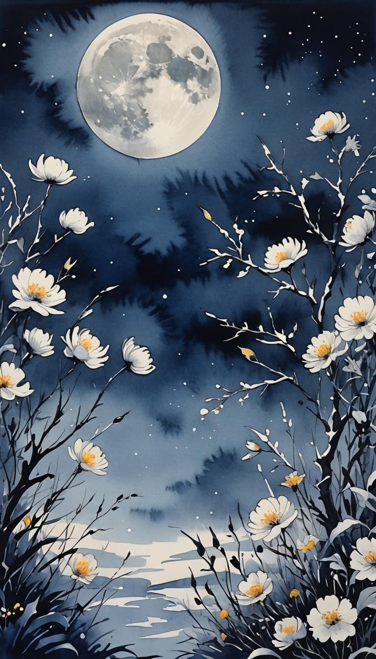 Ink Painting of Wind, Flowers, Snow, and Moon