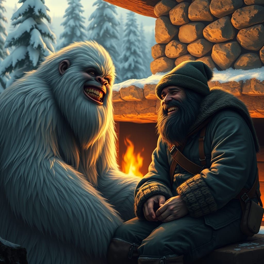 Joyful Bigfoot Shares a Laugh by the Fire