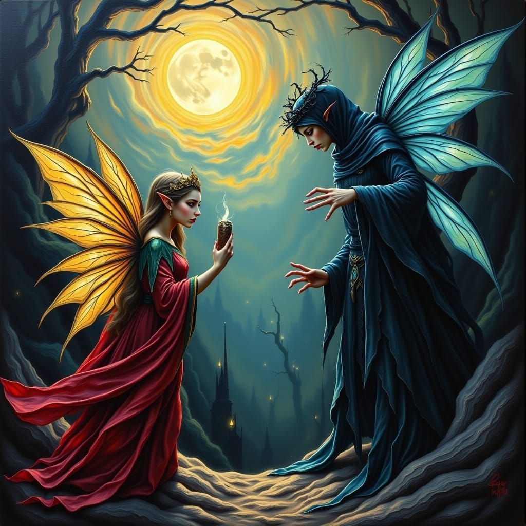 Fairy Elf Warrior Confronts Dark Leader in a Stormy Landscap...