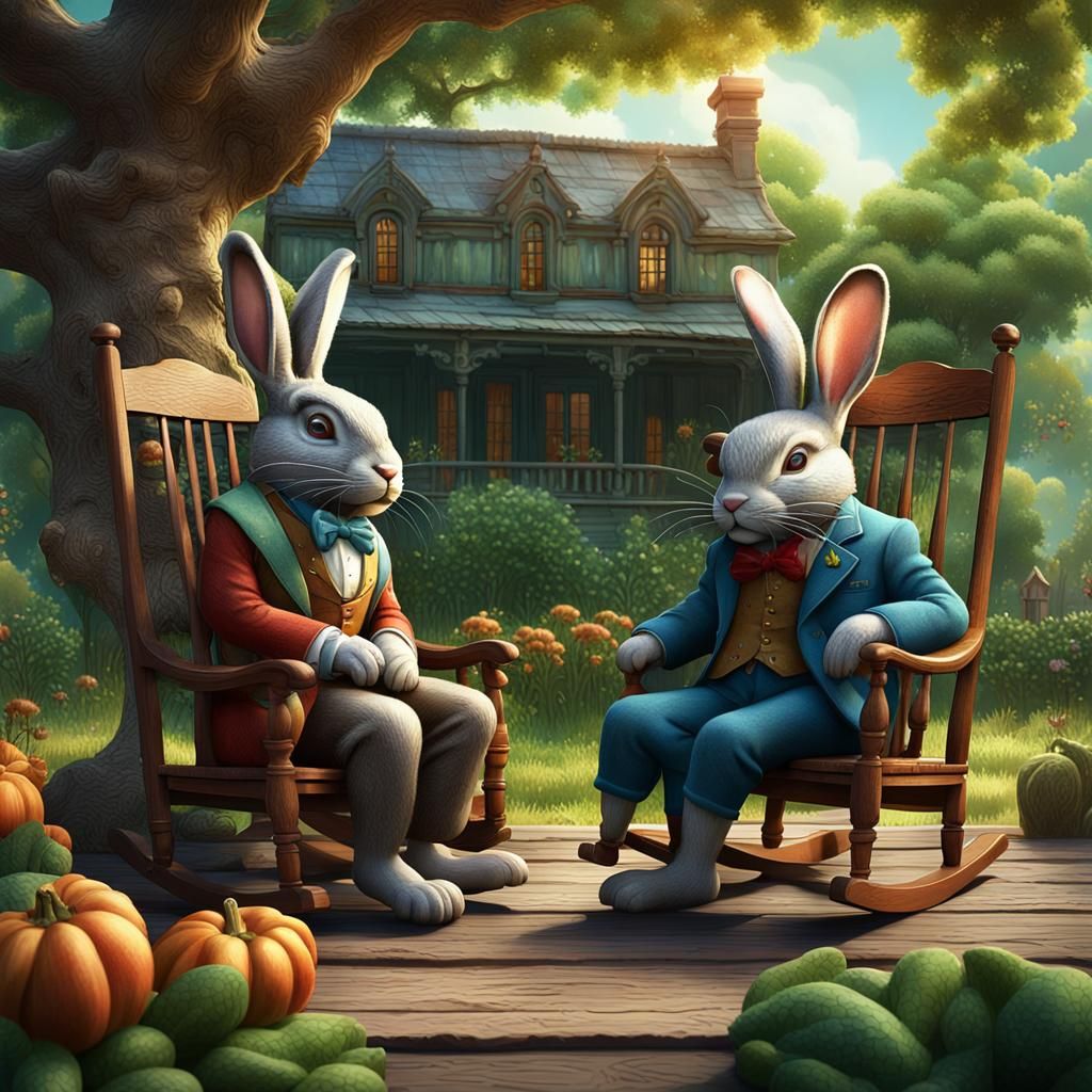 Rabbits Relaxing on Verandah: Fantasy Concept Art