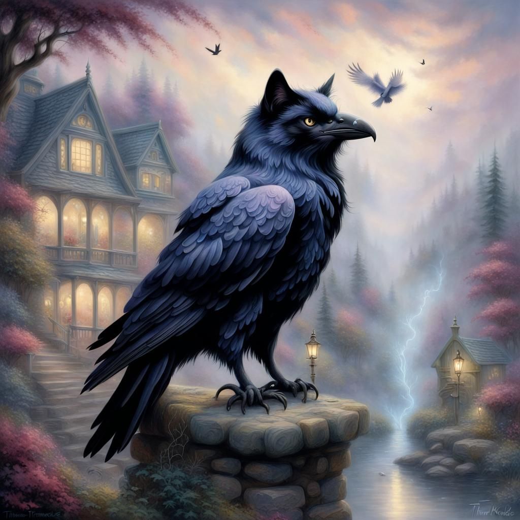 Ethereal Raven Cat Hybrid in Fantasy Style