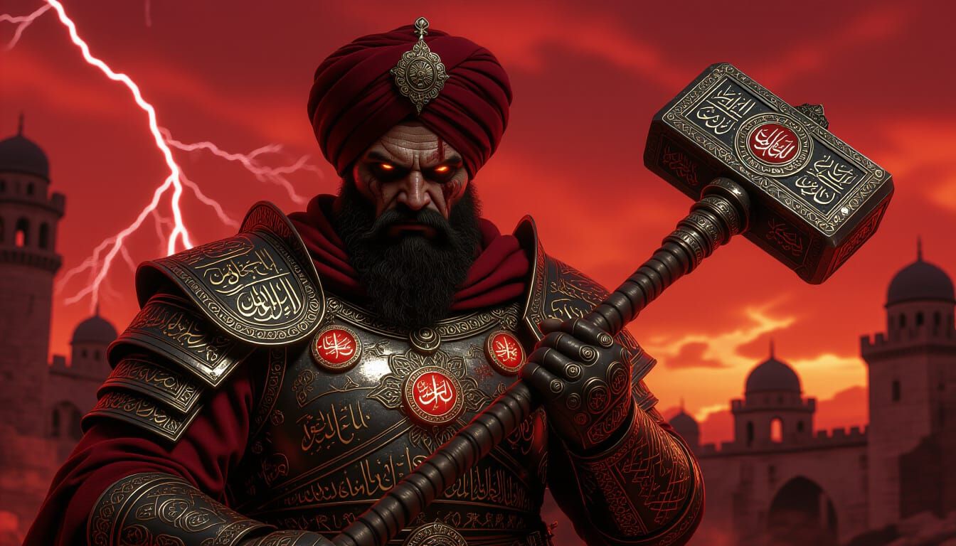 Janissary Warrior Grips Warhammer in Ottoman Ruins