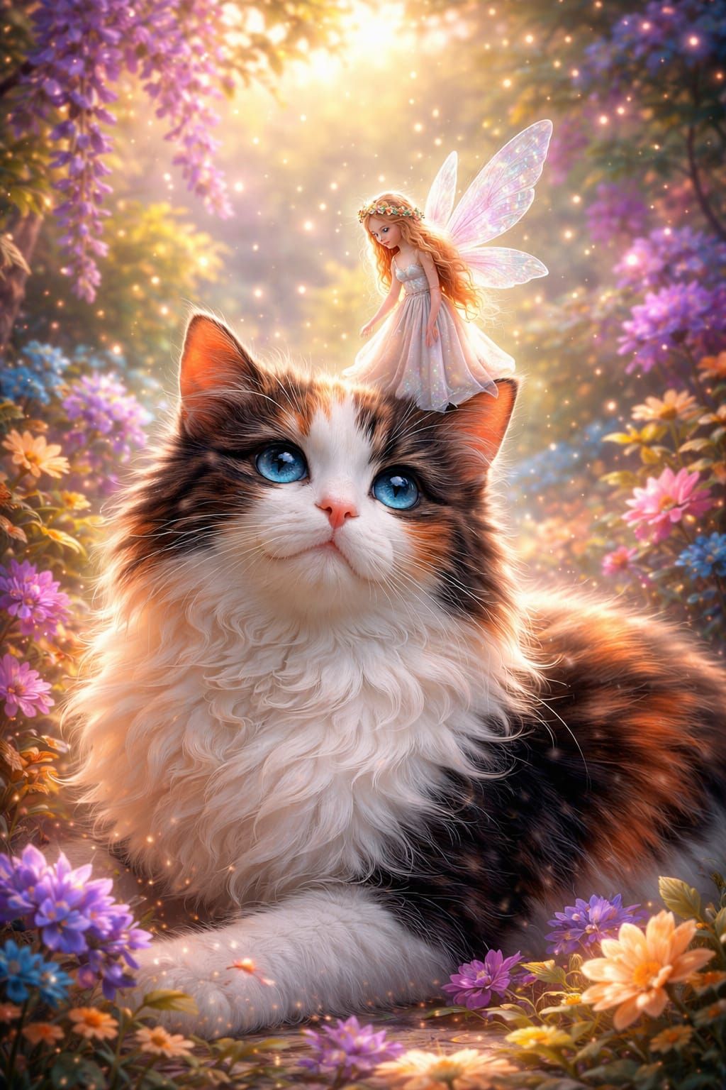 Cute Fairy on Calico Cat in Sunlight Digital Art