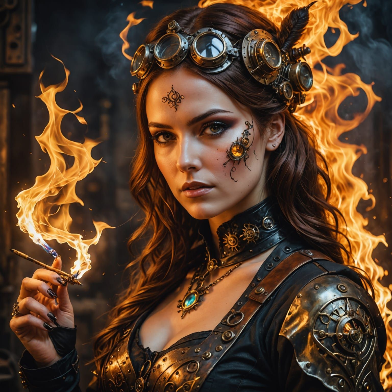Steampunk Woman Ignites Artistic Passion with Flaming Brushs...