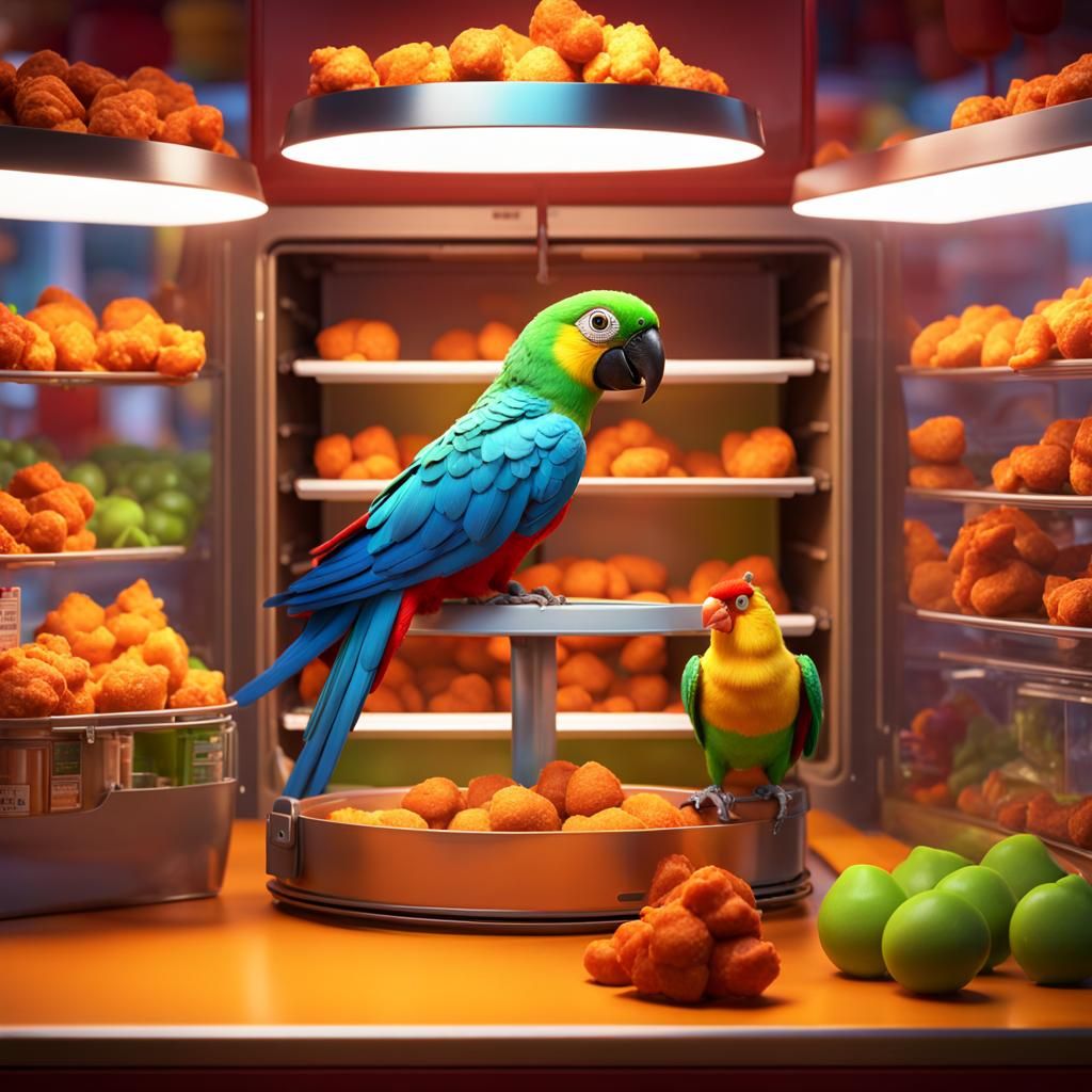 Parrot in Fridge with Nuggets: 3D Digital Art