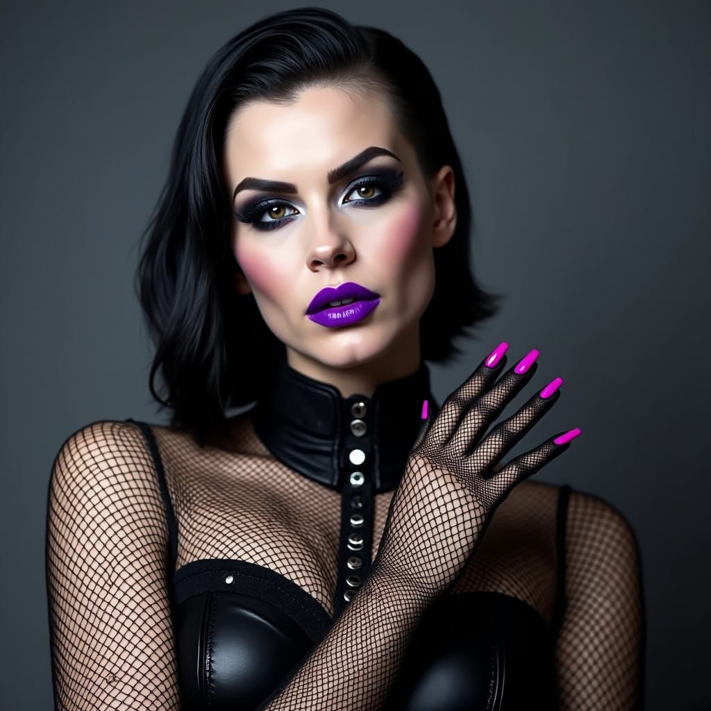 Edgy Woman with Shaved Head and Purple Lips