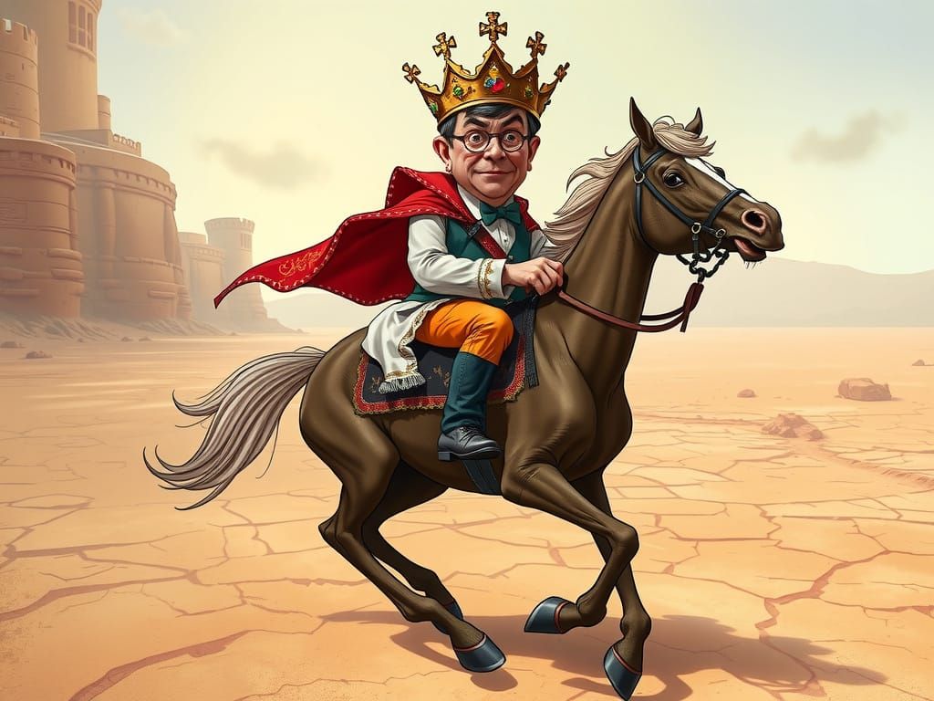 A comically arrogant Rowan Atkinson wearing an oversized tarnished crown, riding an awkward battered horse across a surr...