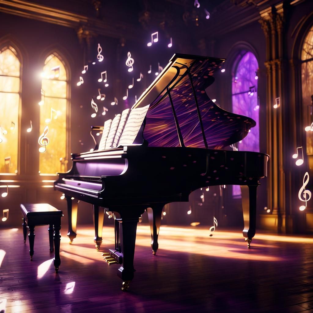 Music Notes Dance Around Piano: Dark Fantasy Art