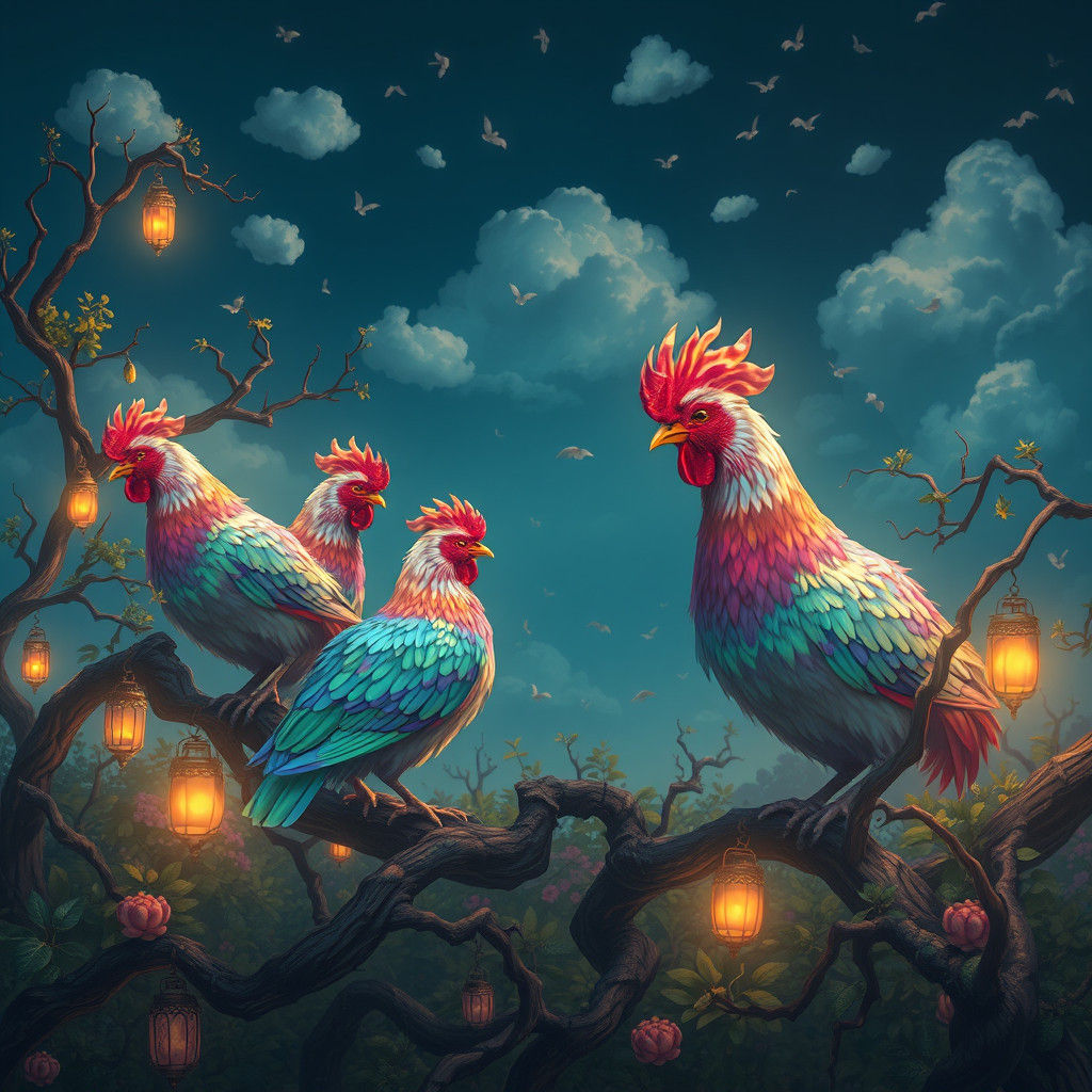 Iridescent Chickens in Fantasy Landscape, Matte Painting
