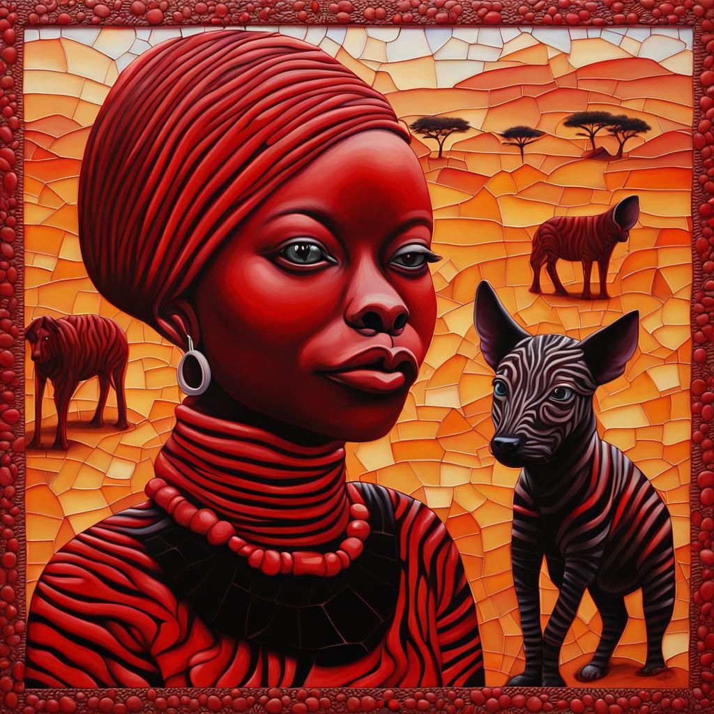 Mosaic Portrait of Red Aliens Dancing in Safari