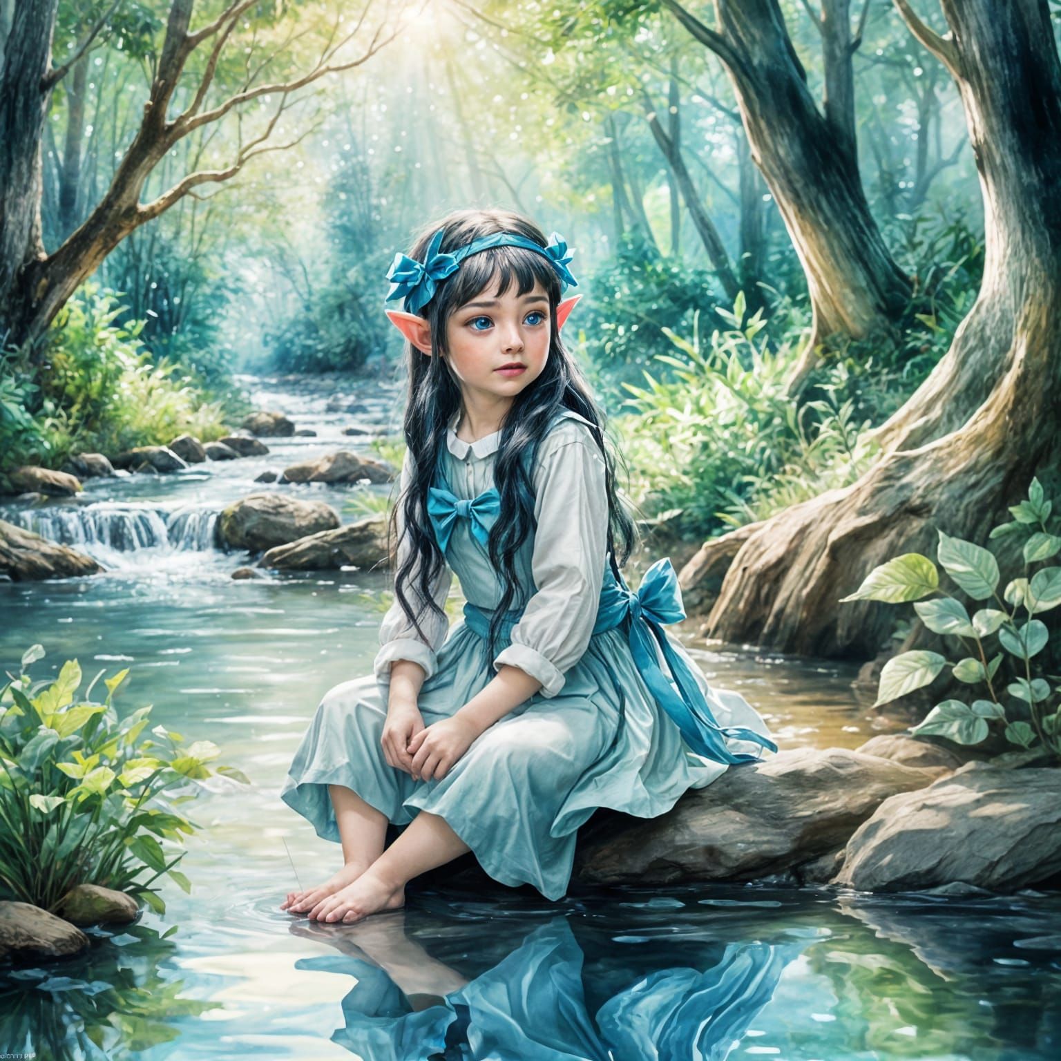 Baby Elf Girl with Black Hair on River