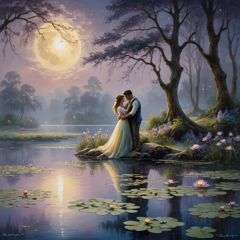 Lovers Embrace Under Moonlight: Ethereal Oil Painting