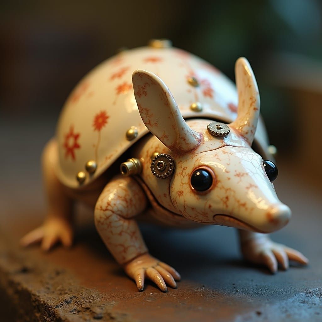 Steampunk Ceramic Armadillo Sculpture with Floral Patterns