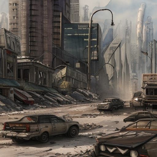 Post-Apocalyptic Cityscape in Watercolor Style