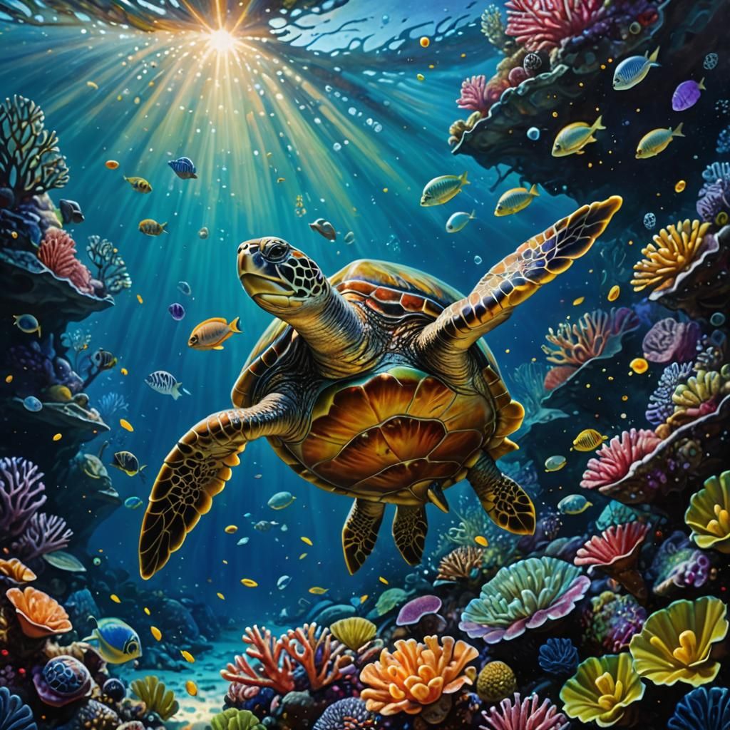 Underwater Giant Turtle in Coral Reef