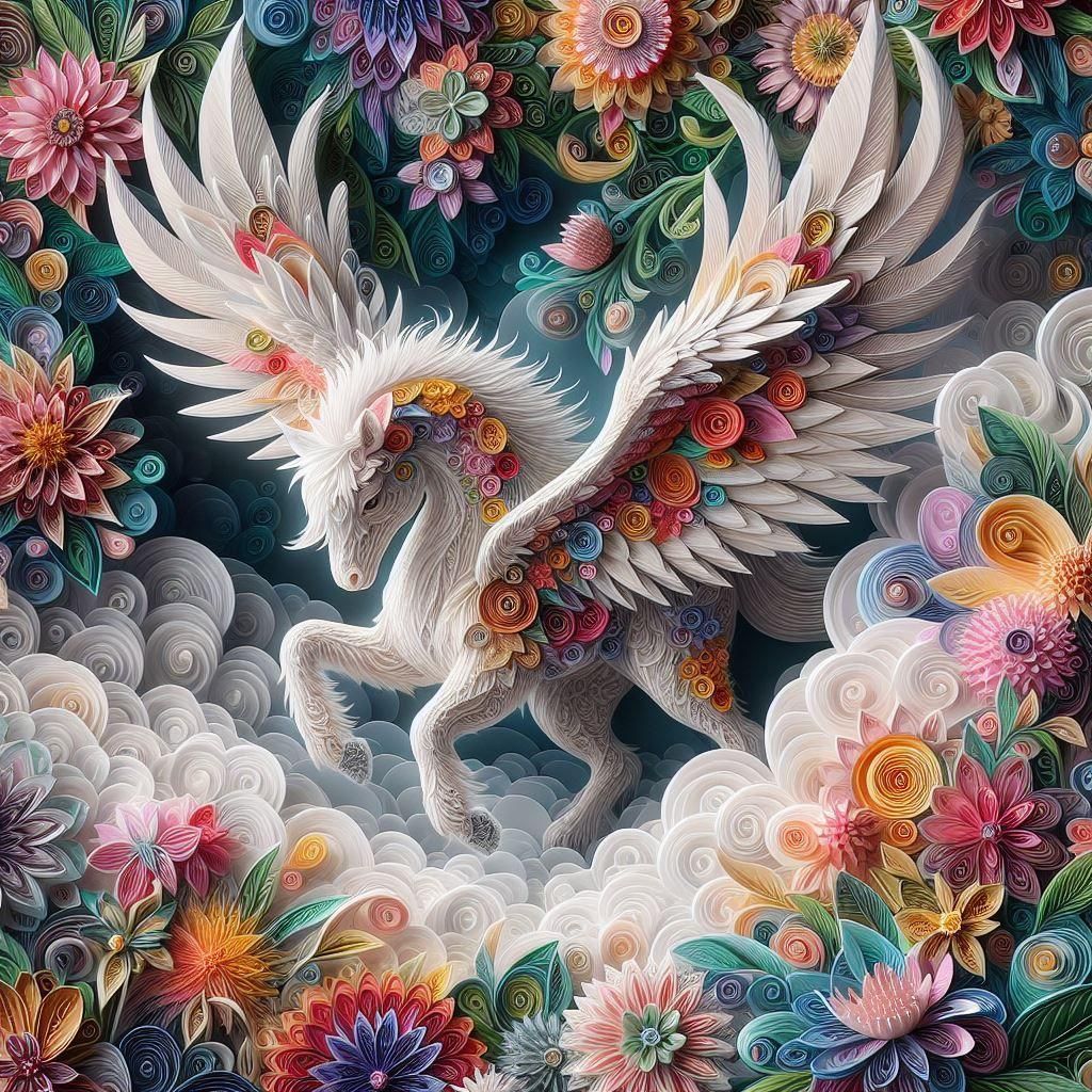 Hippogriff in Flowery Forest: Paper Quilling Illustration