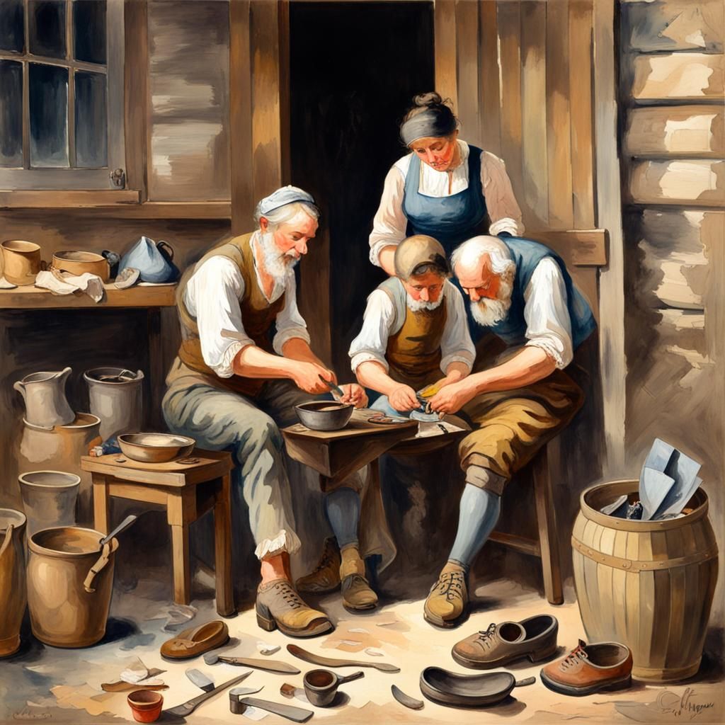 Cobbler and Family Repairing Shoes as Gouache Painting