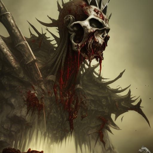 Zombie Warrior King on Skull Throne: Detailed Matte Painting