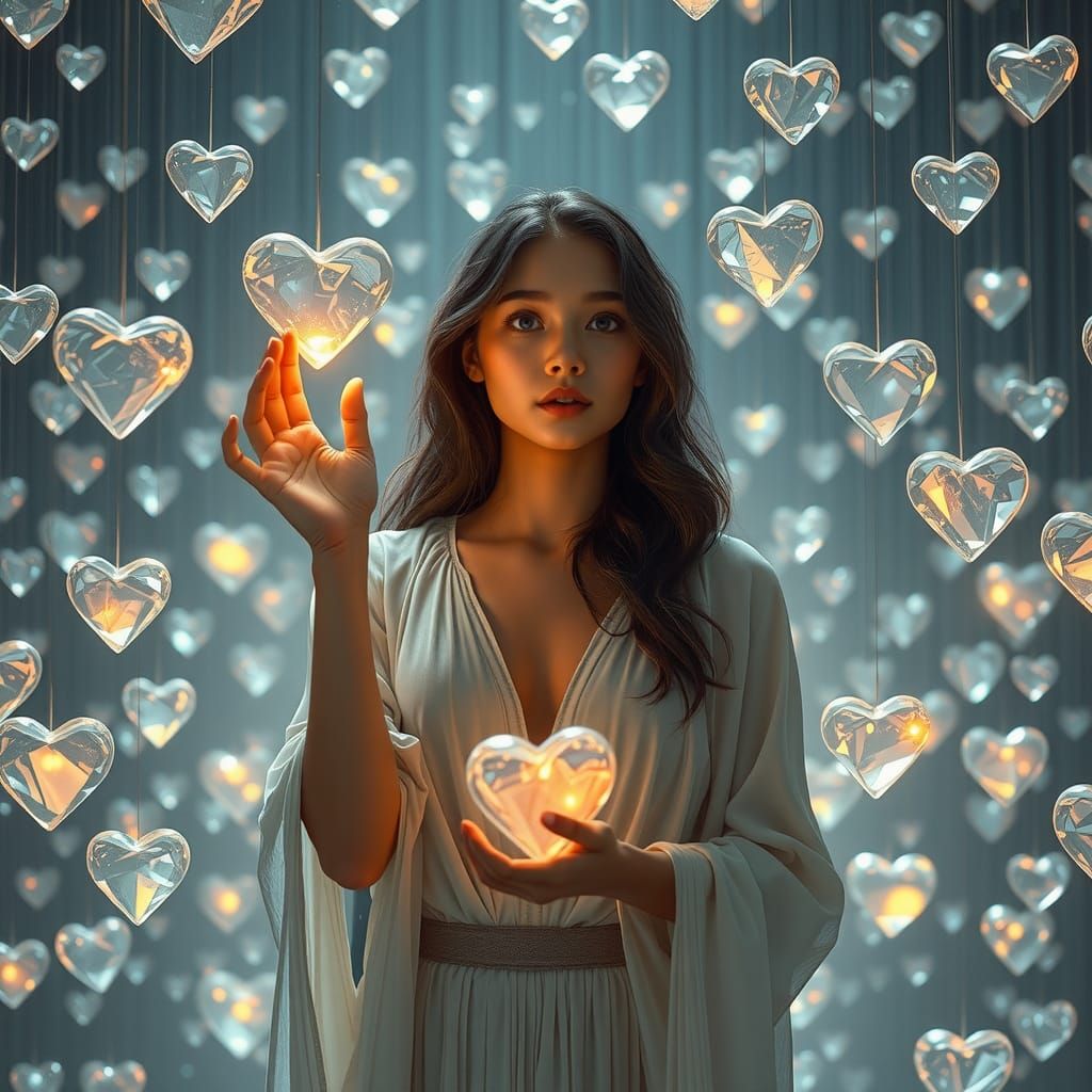 Woman Mends Shattered Hearts in Ethereal Landscape