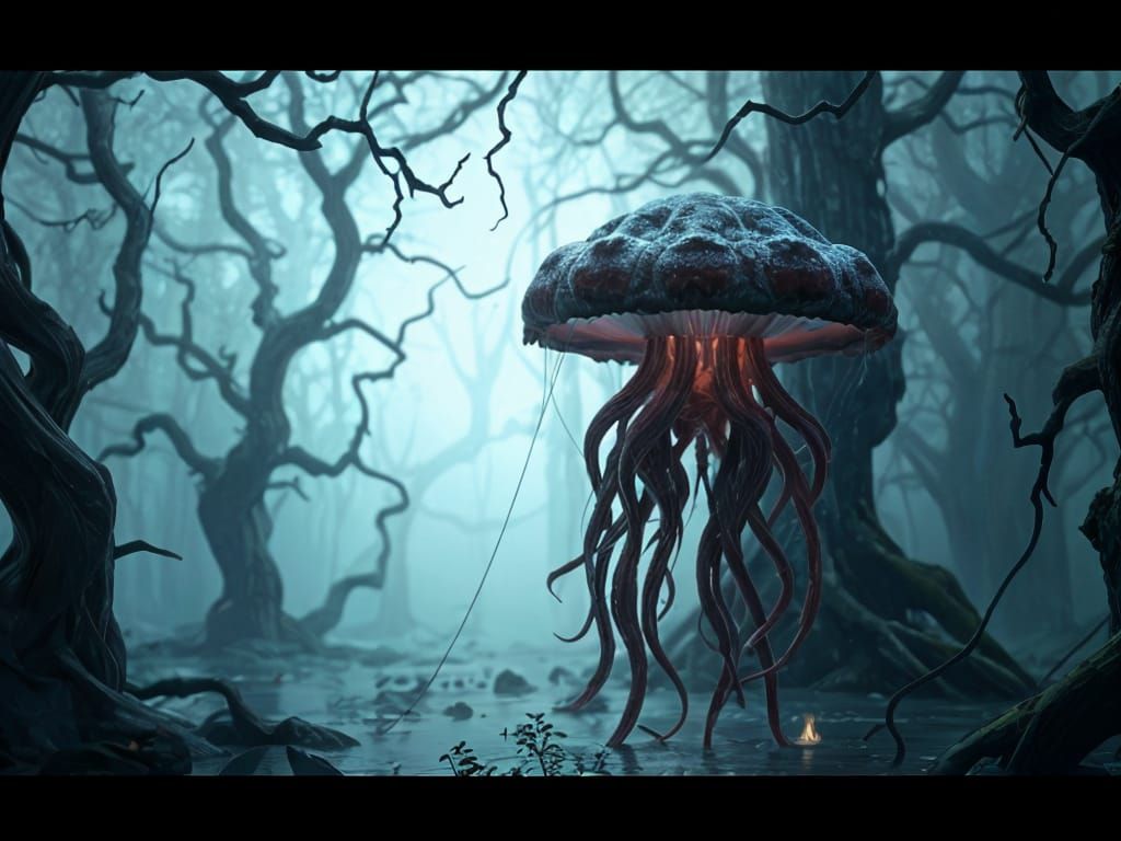Mythical Jellyfish in Dark Swamp: 3D Game Cinematic
