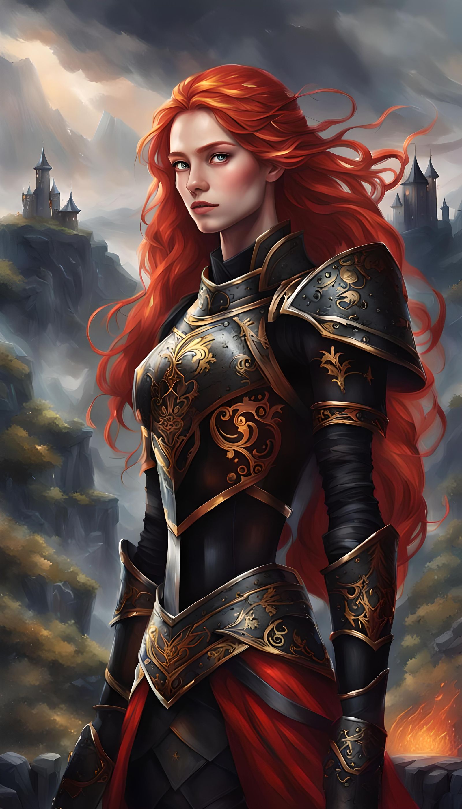 Fiery Haired Princess in Black Armor at Mountain Castle
