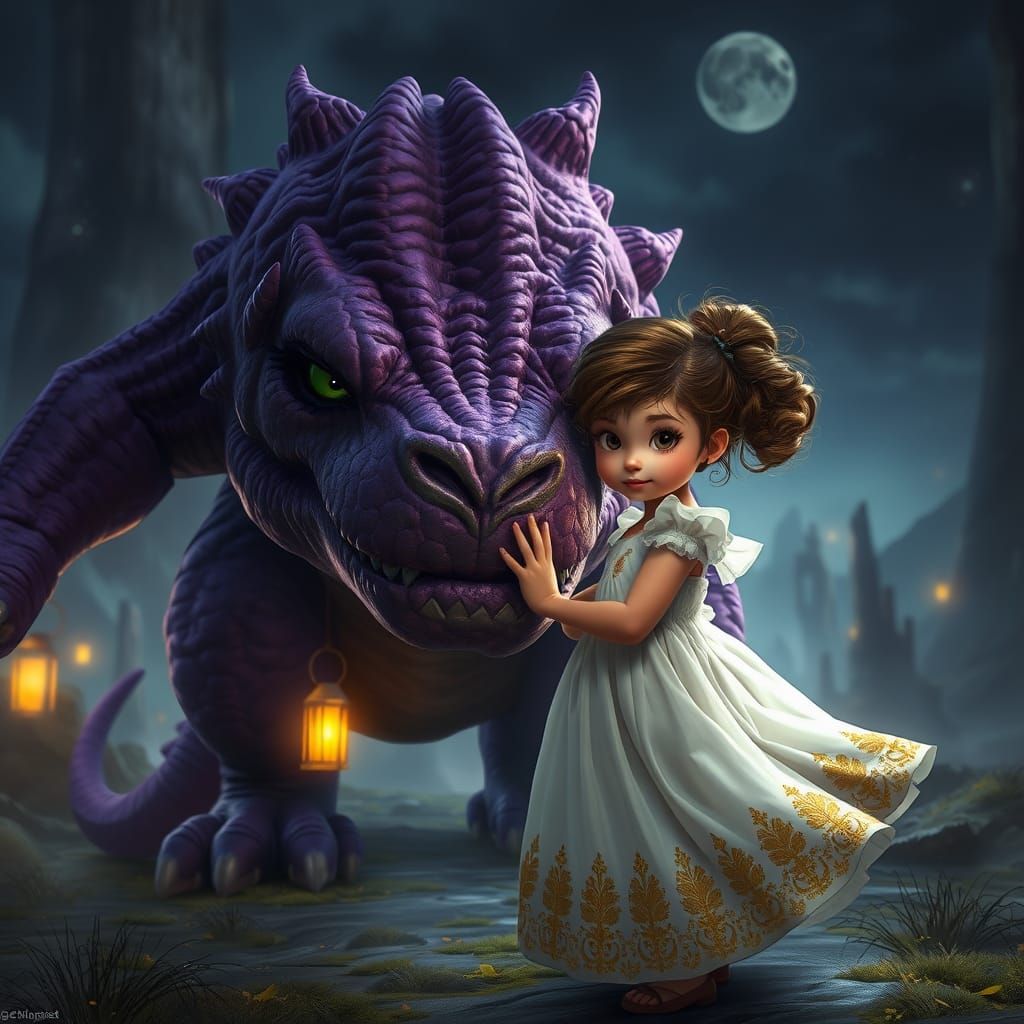Enchanting Girl and Her Luminous Monster in Dreamlike Landsc...