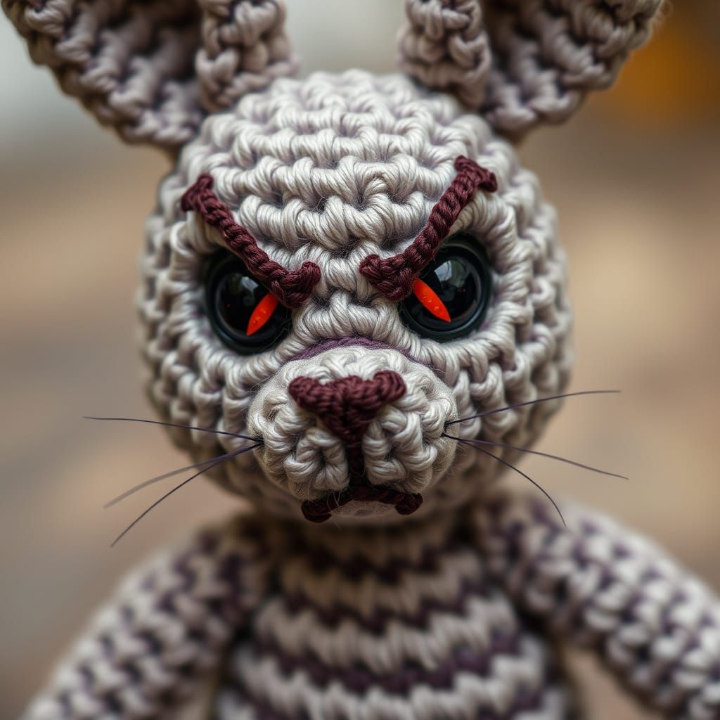 Evil-Eyed Crocheted Bunny in Close-Up