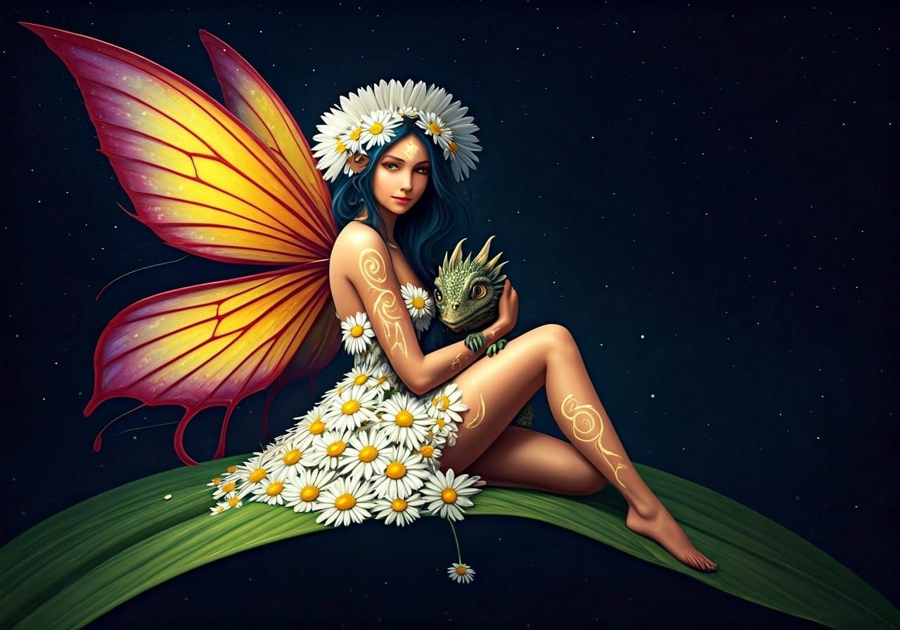 Fairy with Dragon in Moebius Style Illustration