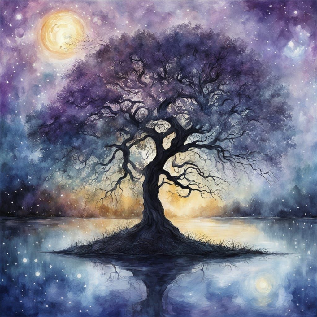Ancient Tree on Misty Lake Under Cosmic Nebula