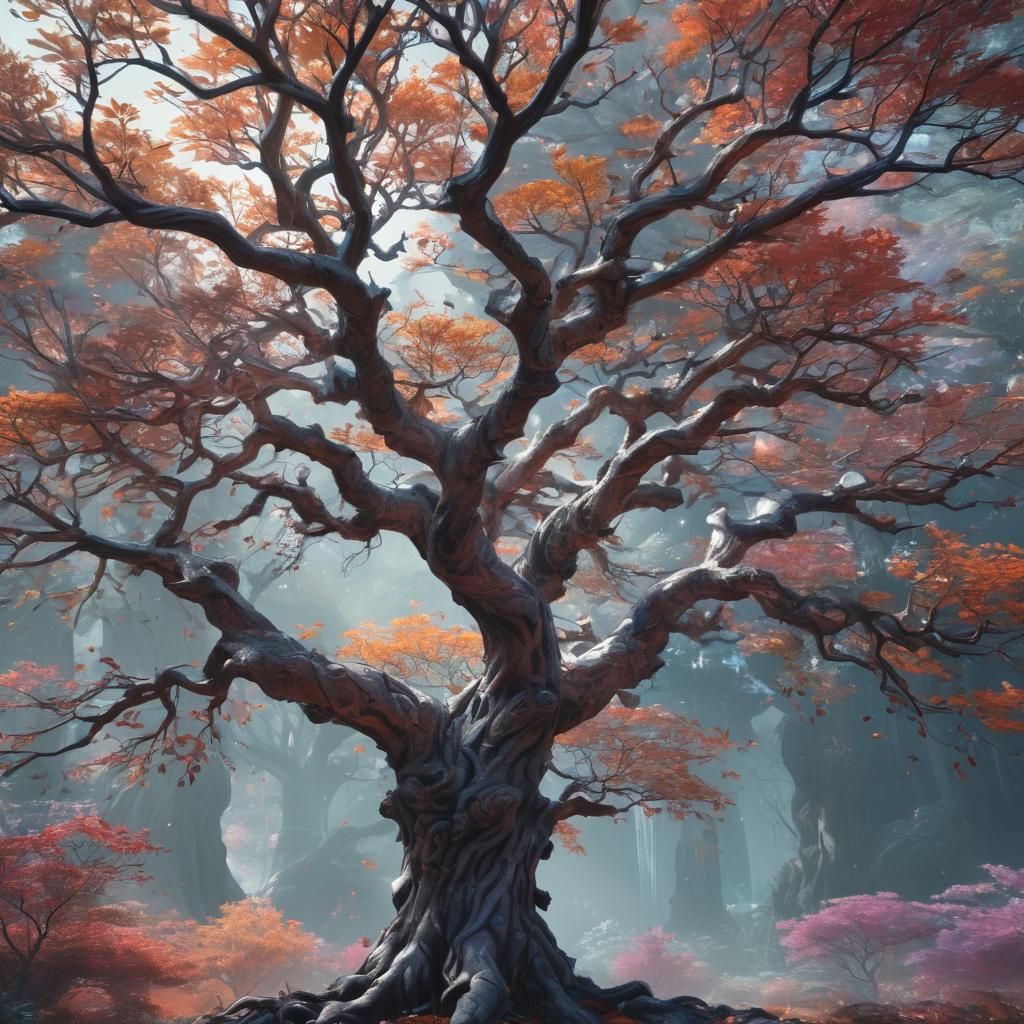 Colossal Tree with Radiant Leaves, Dark Fantasy Art