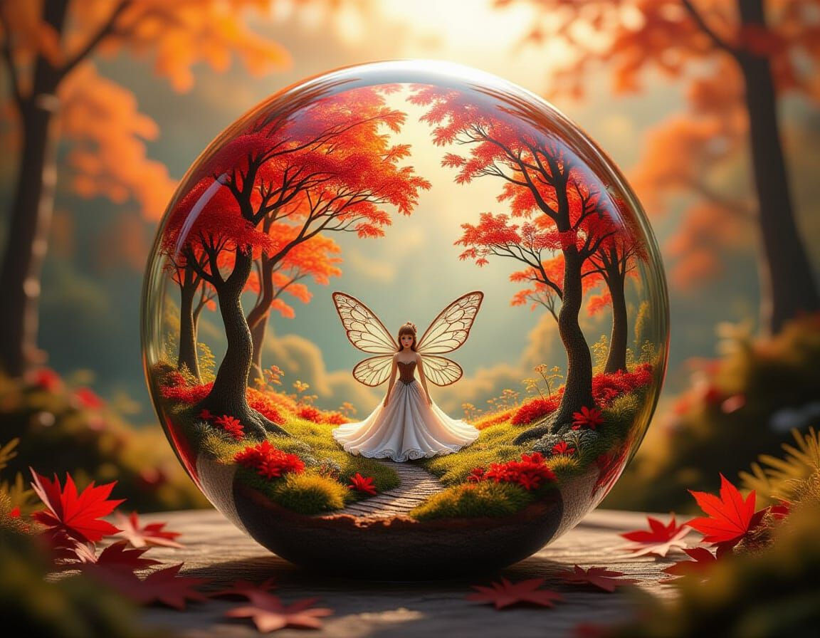 Autumn Fairy World in Glass Sphere as Acrylic Painting