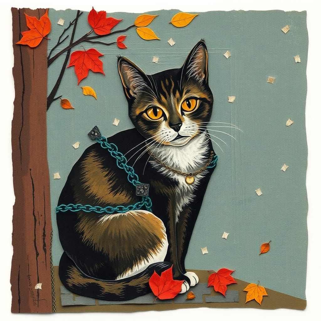 Autumnal Stray Cat Paper Collage: Inspired Art