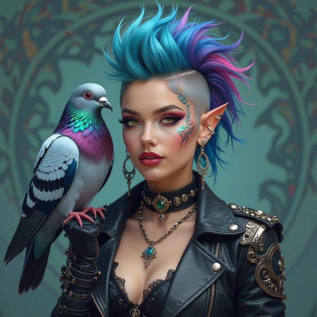 Art Nouveau Punk Pixie with Metallic Pigeon