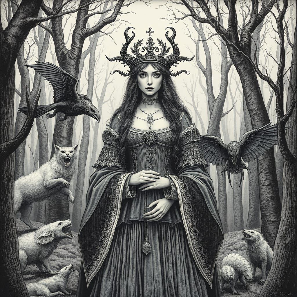 Mystical Woman in Renaissance Forest, Detailed Engraving
