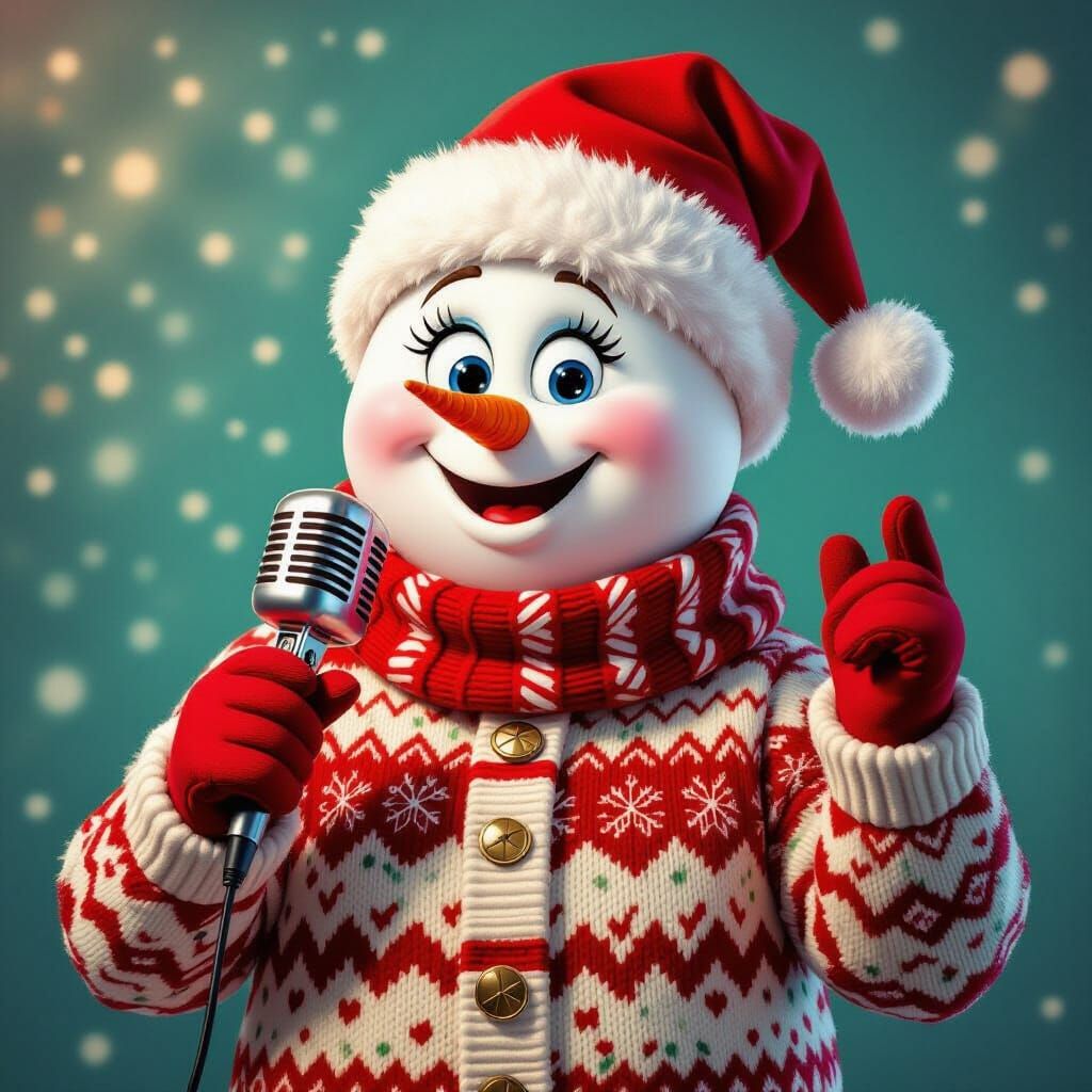 Snowman Diva with Microphone in Photo Studio