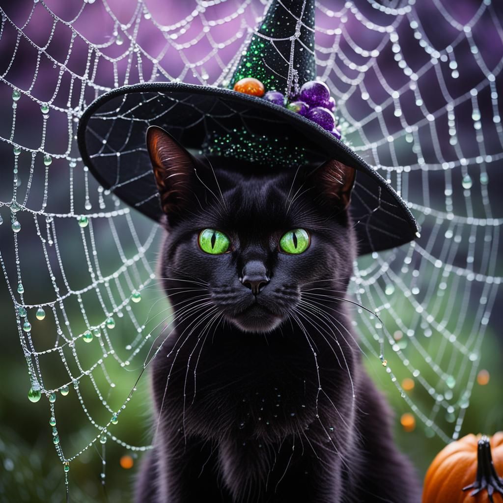 Macro Spider Web with Halloween Witch, Photorealistic Art