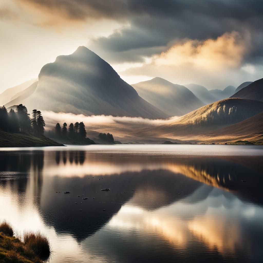 Serene Misty Lake in Scottish Highlands Landscape