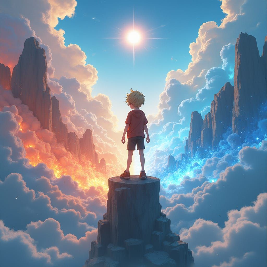 Boy Overseeing Elements in Detailed 3D Anime Art