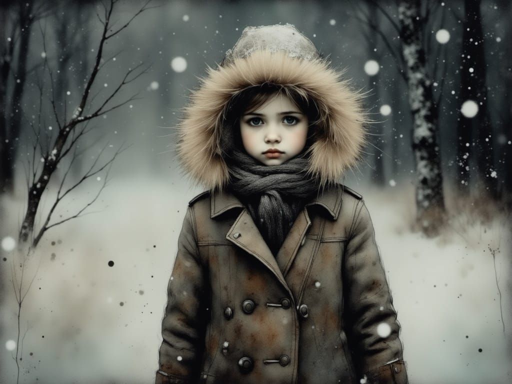 Children Stand Warmly in the Doorway as a Snowstorm Rages Ou...