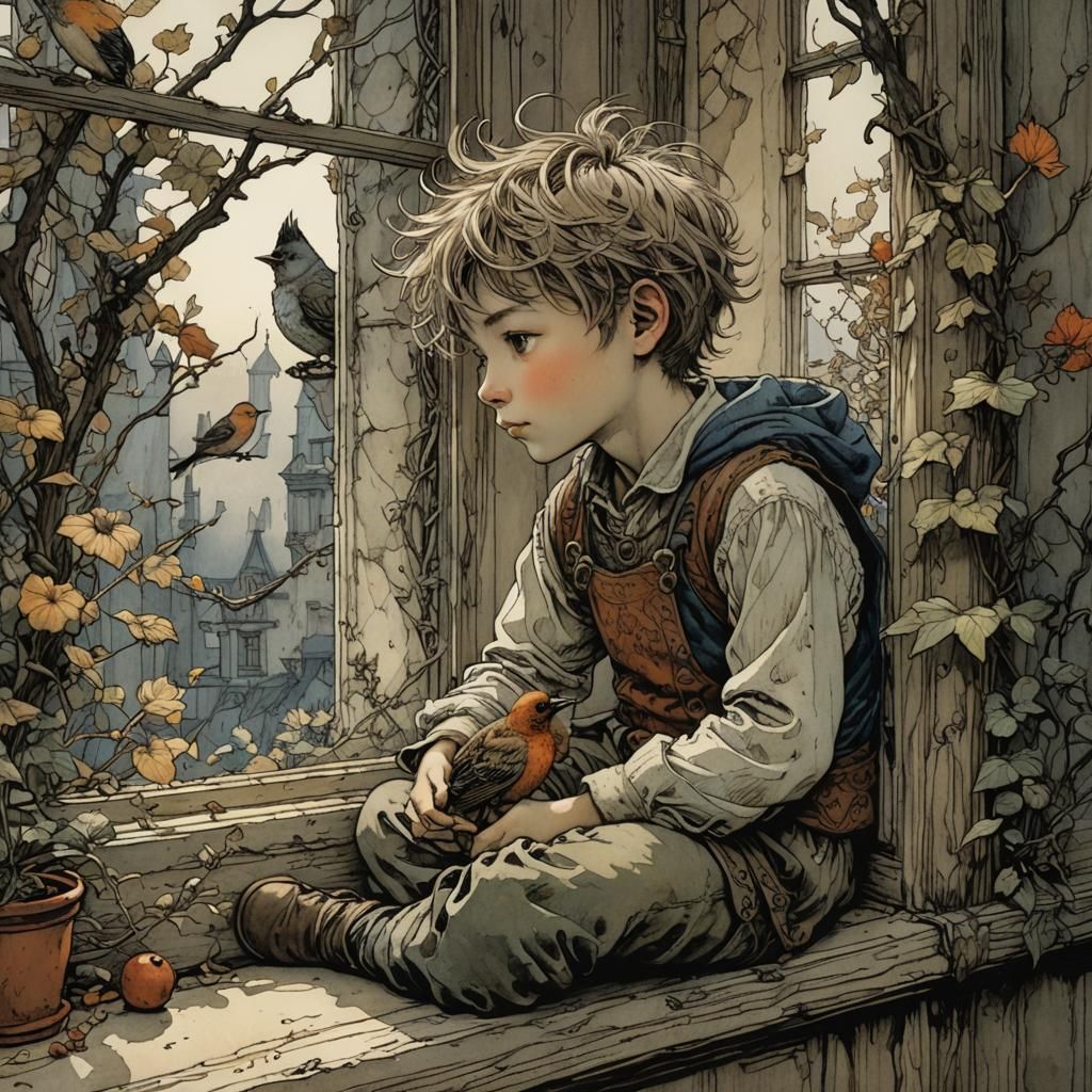 Boy, Bird and Window: Intricate Illustration