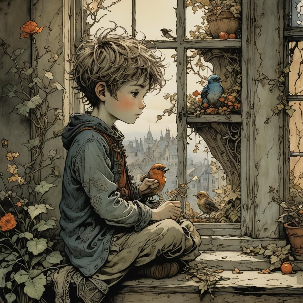 Whimsical Boy Meets Serene Bird in a Delicate Watercolor Aes...