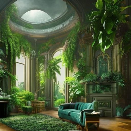 Plant-Filled Living Room: Maximalist Digital Painting