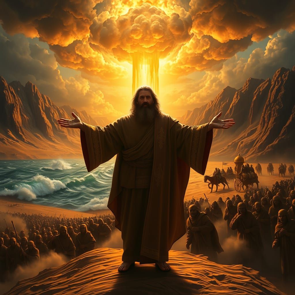 Majestic Moses at the Red Sea: A Divine Pillar of Fire