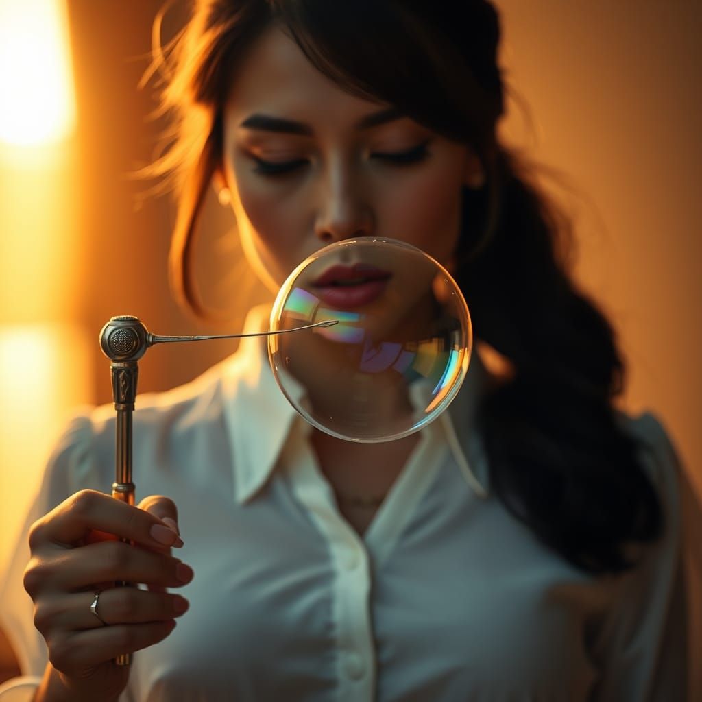 Hyperrealistic Woman Blowing Iridescent Bubble