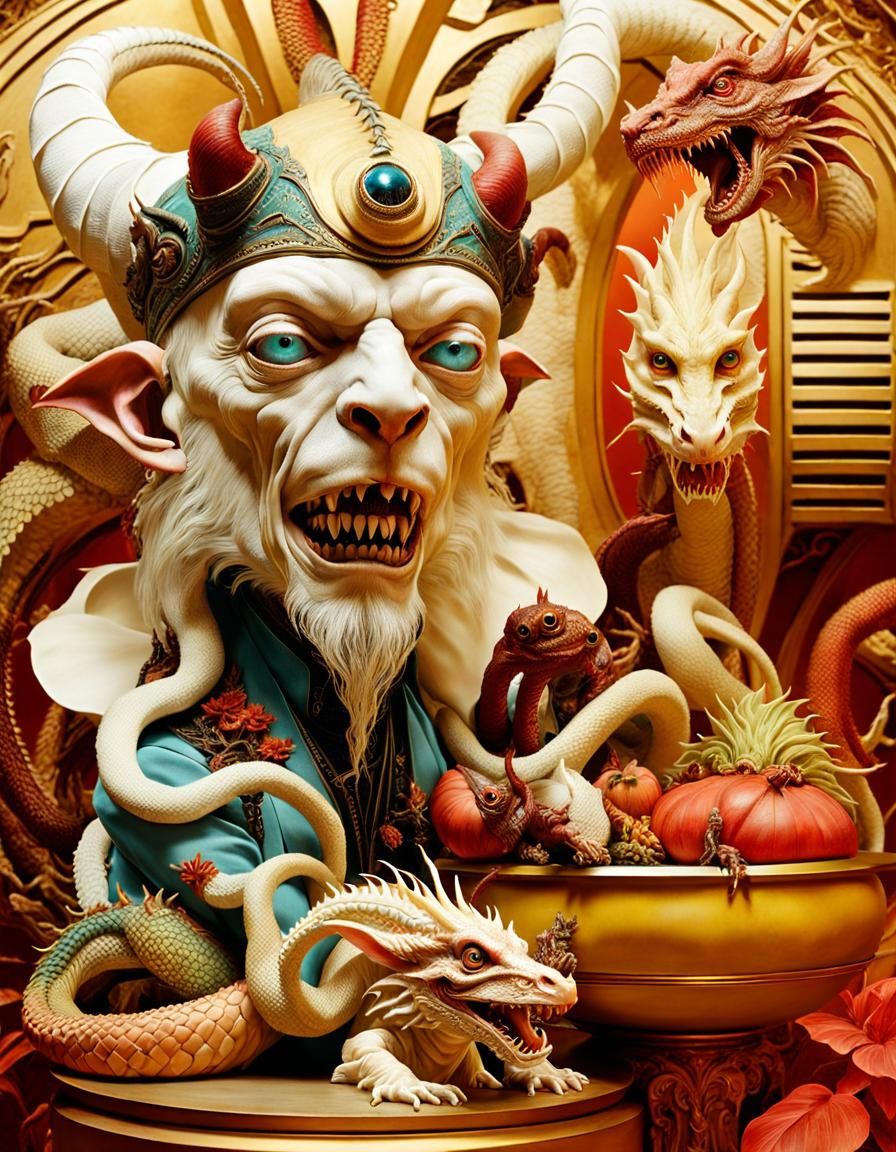 Surreal Tattooed Albino Contortionist in a Fantasy Painting