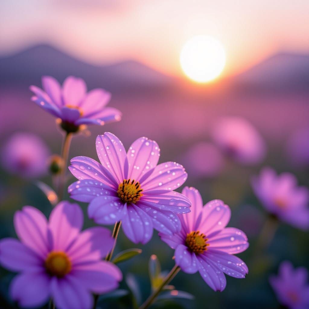 Macro View of Dew-Kissed Pink Flowers at Golden Hour