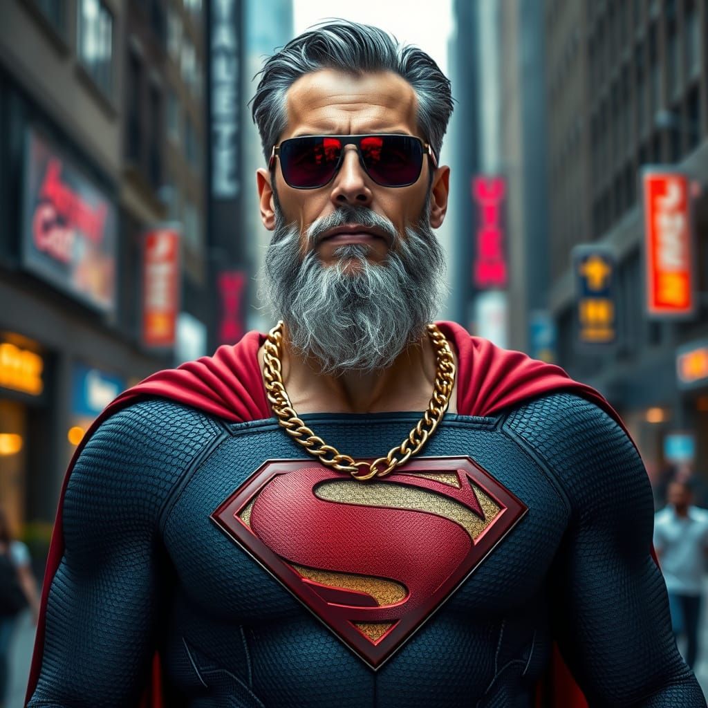 Hyperrealistic Older Superman in Cityscape