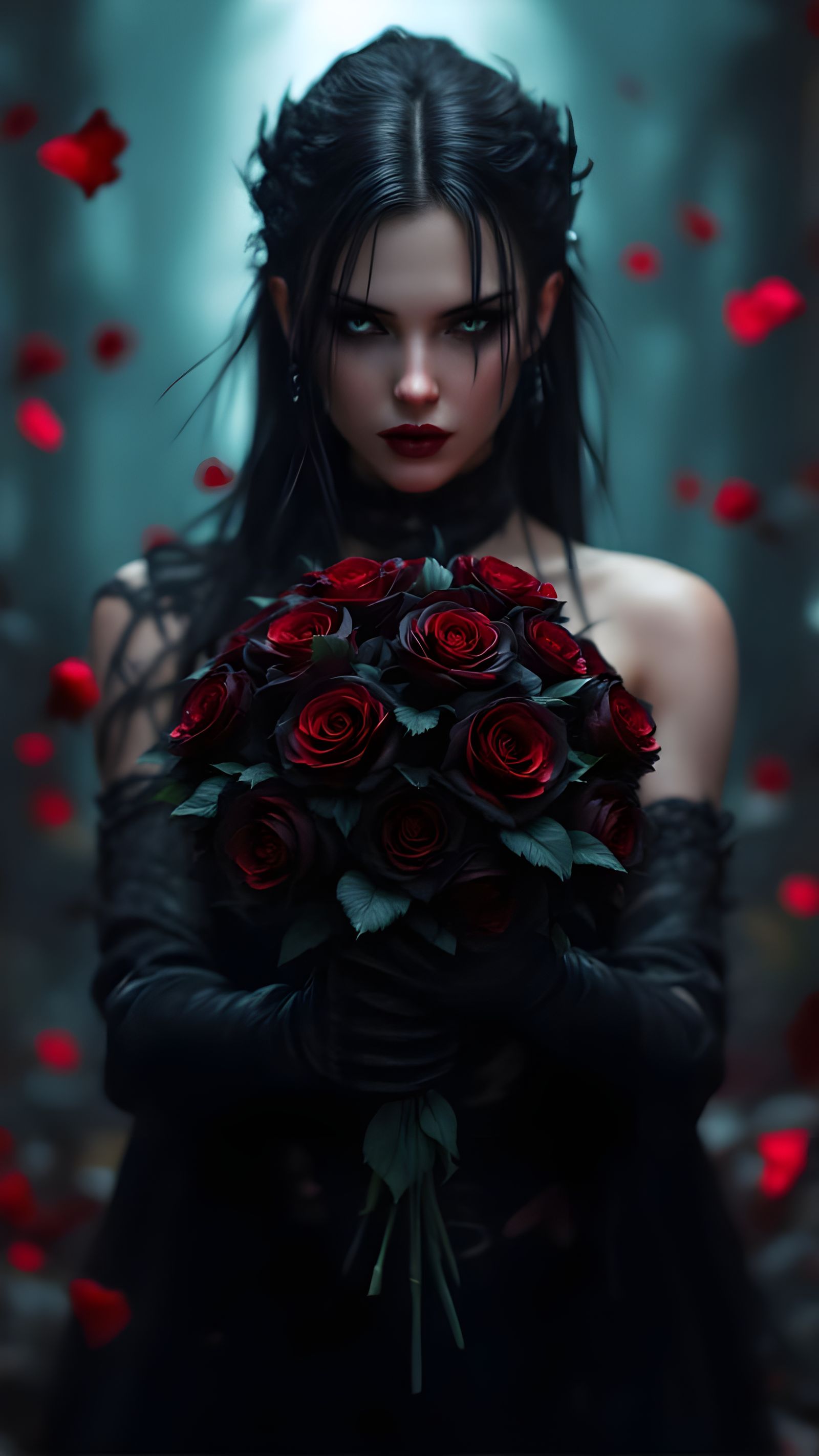 Gothic Tifa Lockhart with Black Roses in Anime Style