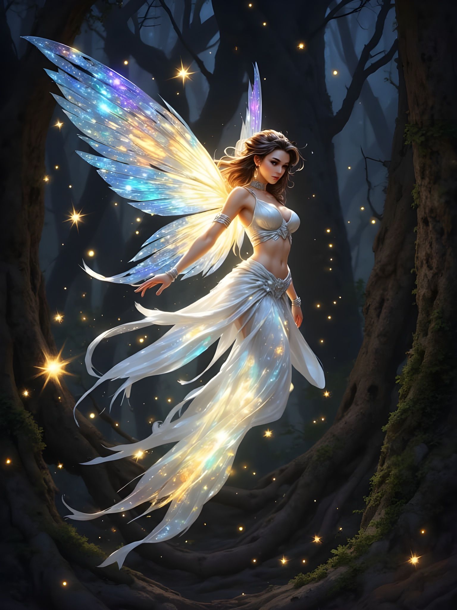 Luminescent Fairy Drifting Through Twilight Forest